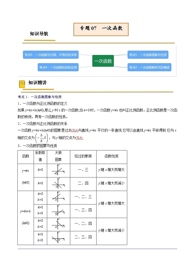 中考数学一轮复习考点(精讲精练)复习专题07 一次函数(教师版)第1页