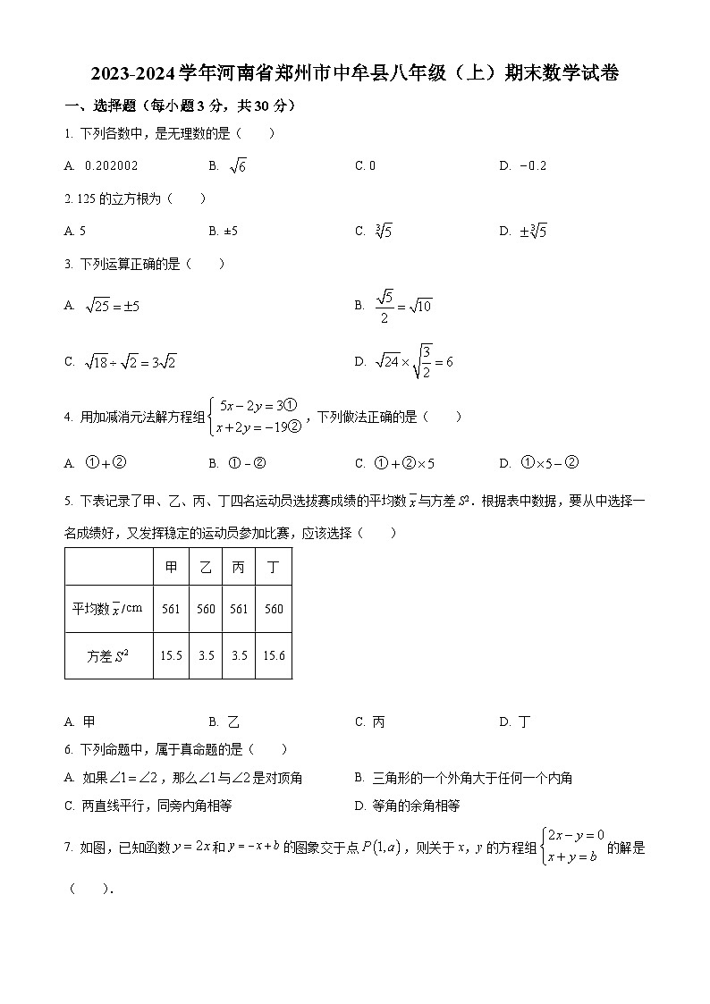 精品解析:河南省郑州市中牟县2023-2024学年八年级上学期期末数学试题(原卷版)第1页
