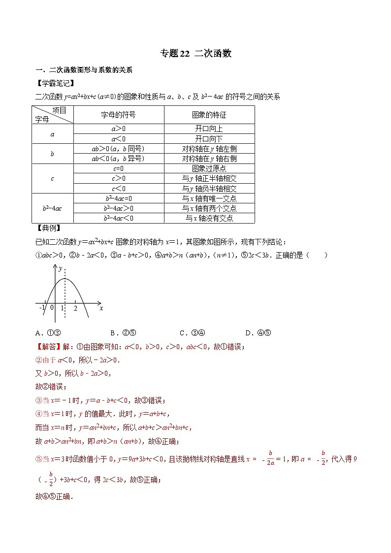 专题22 二次函数-初中数学学科素养能力培优竞赛试题精选专练(解析版)第1页