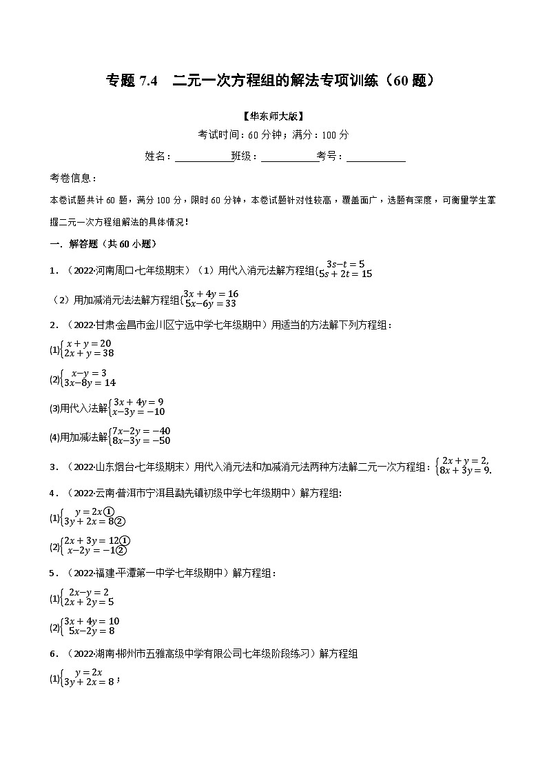 专题7.4 二元一次方程组的解法专项训练(60题)-2023-2024学年七年级数学下册讲练测(华东师大版)01