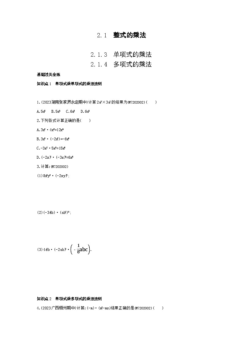 2.1 整式的乘法 第2课时——2024年湘教版数学七年级下册精品同步练习第1页