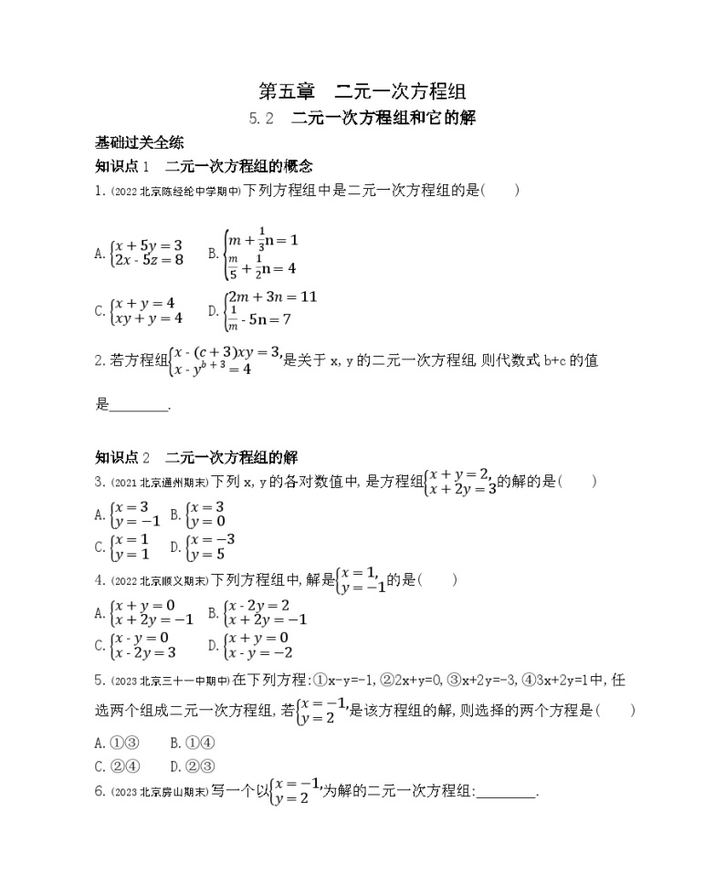 5.2　二元一次方程组和它的解——2024年北京课改版数学七年级下册精品同步练习01