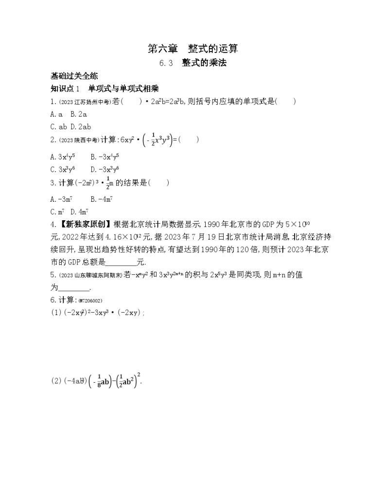 6.3　整式的乘法——2024年北京课改版数学七年级下册精品同步练习01