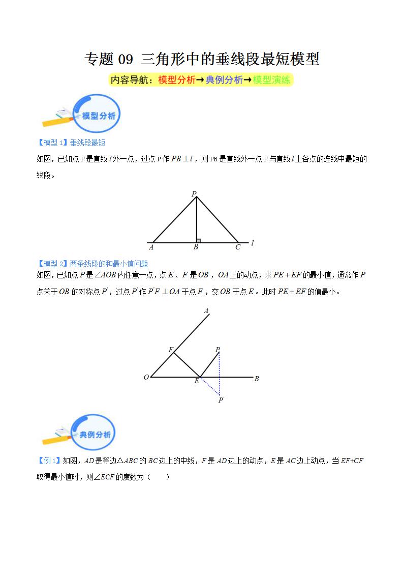 中考数学二轮复习几何模型重点突破讲练专题09 三角形中的垂线段最短模型（2份打包，原卷版+教师版）