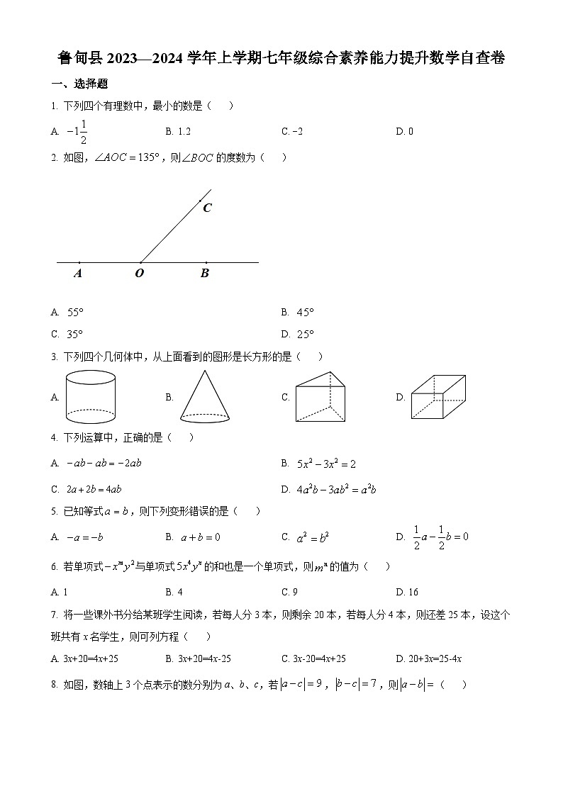 云南省昭通市鲁甸县七年级上学期期末数学试题(原卷版)第1页