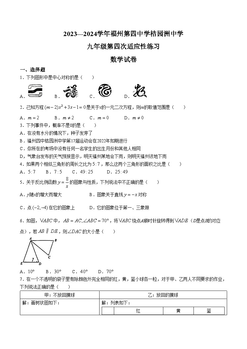 福建省福州第四中学桔园洲中学2023-2024学年九年级上学期月考数学试题()第1页