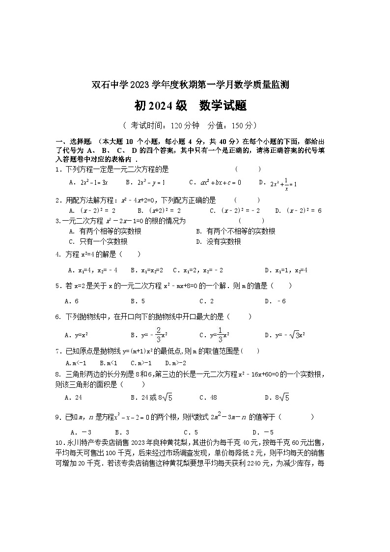 重庆市永川双石中学校2023-2024学年九年级上学期第一次月考数学试题01