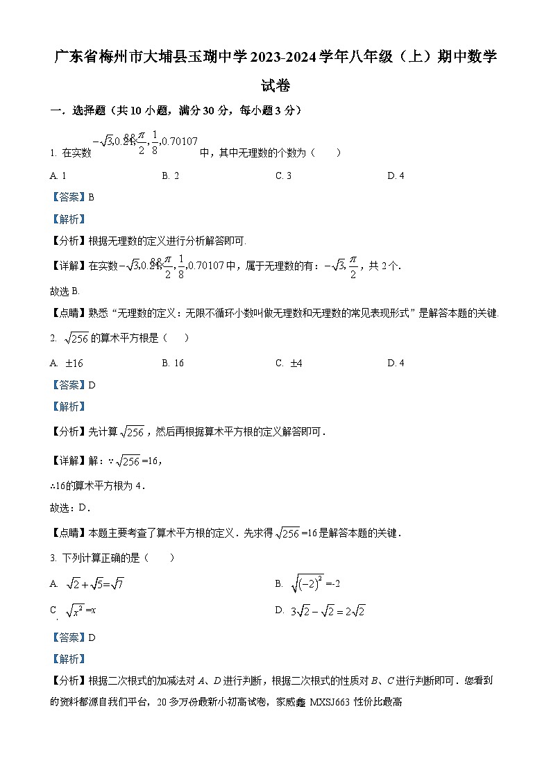 广东省梅州市大埔县玉瑚中学2023-2024学年八年级上学期期中数学试题01