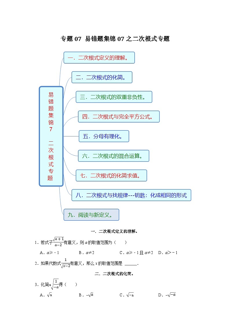 专题07 易错题集锦07之二次根式专题-2023-2024学年八年级数学下学期期末复习培优拔高(苏科版)01