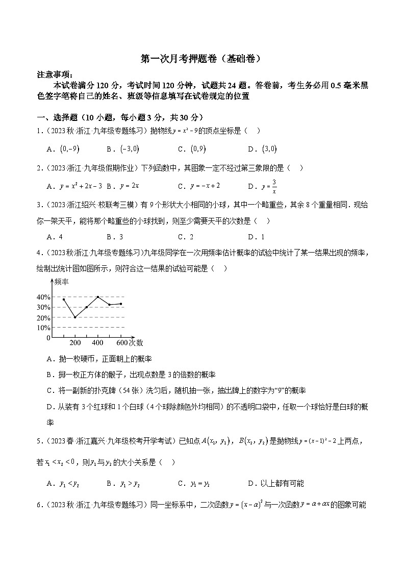 第一次月考押题卷(基础卷)(考试范围:第1-2章)-2023-2024学年九年级数学上册重难点高分突破(浙教版)01