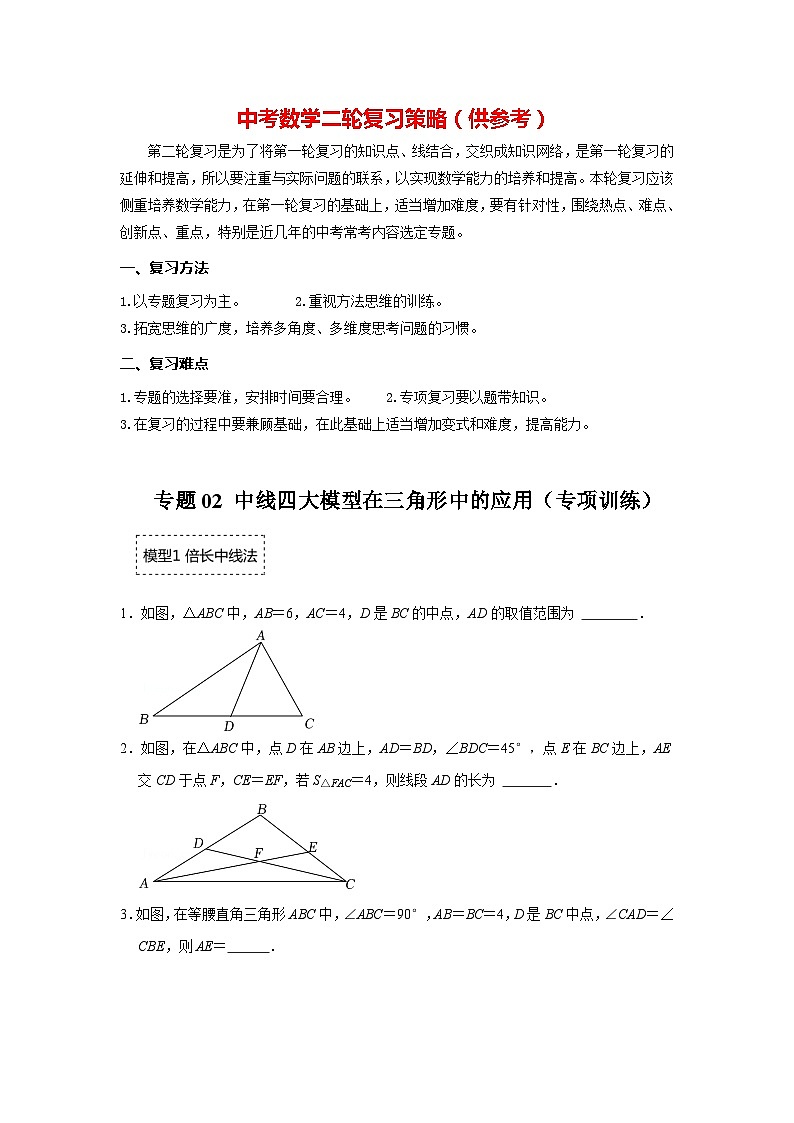 专题02 中线四大模型在三角形中的应用(专项训练)(原卷版)第1页
