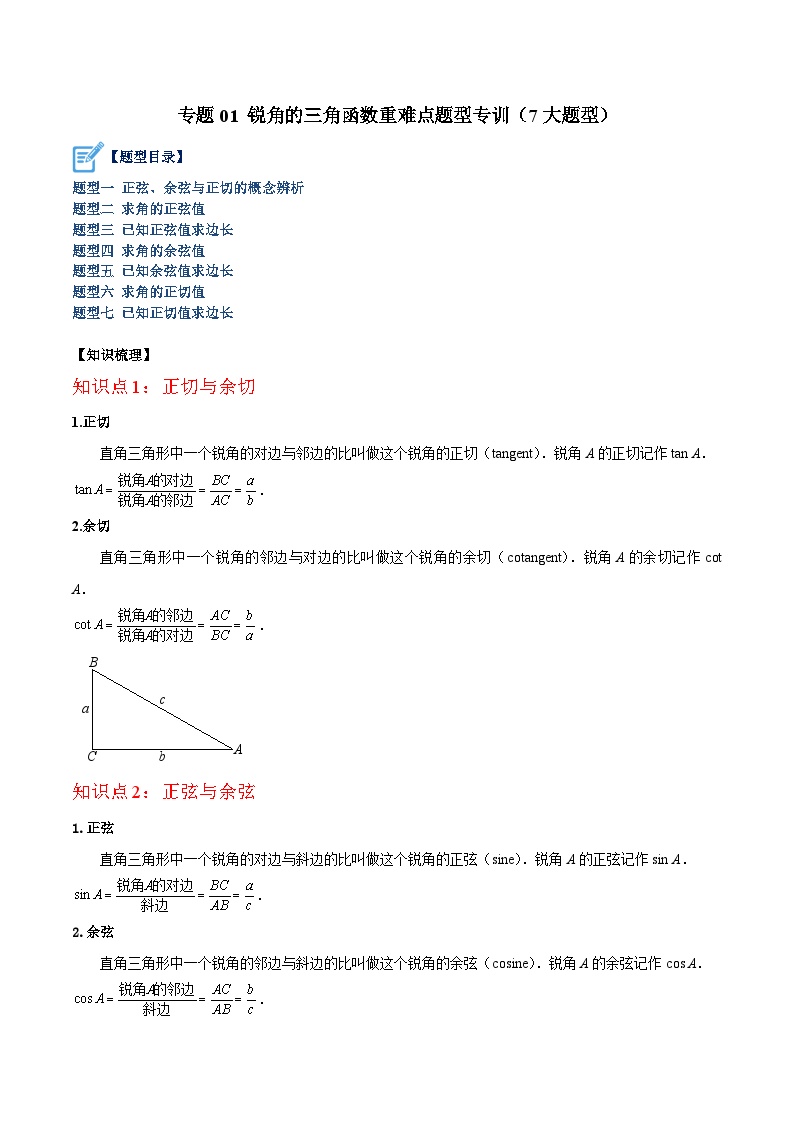 专题01 锐角的三角函数重难点题型专训（7大题型）-2023-2024学年九年级数学下册重难点高分突破（浙教版）