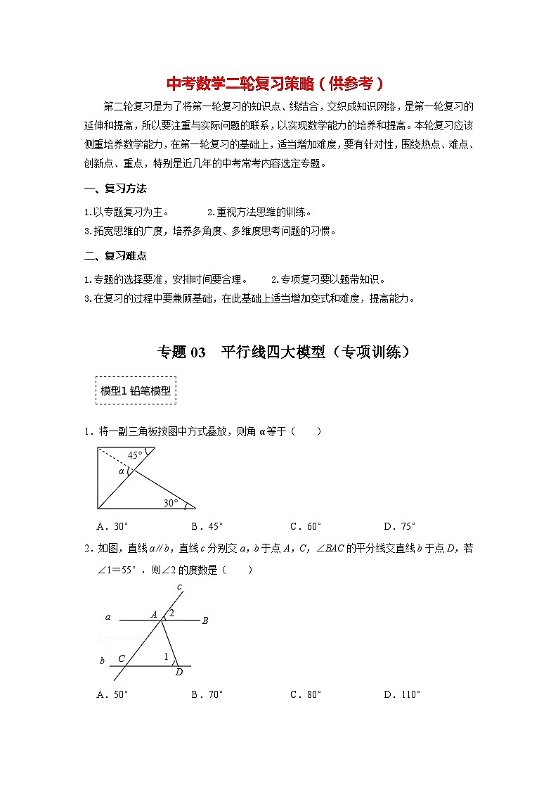 备战中考数学《重难点解读•专项训练》专题03 平行线四大模型(专项训练)01