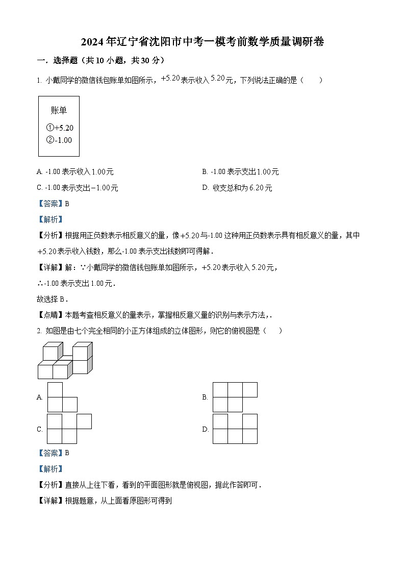 2024年辽宁省沈阳市中考一模考前数学模拟试题(原卷版+解析版)01