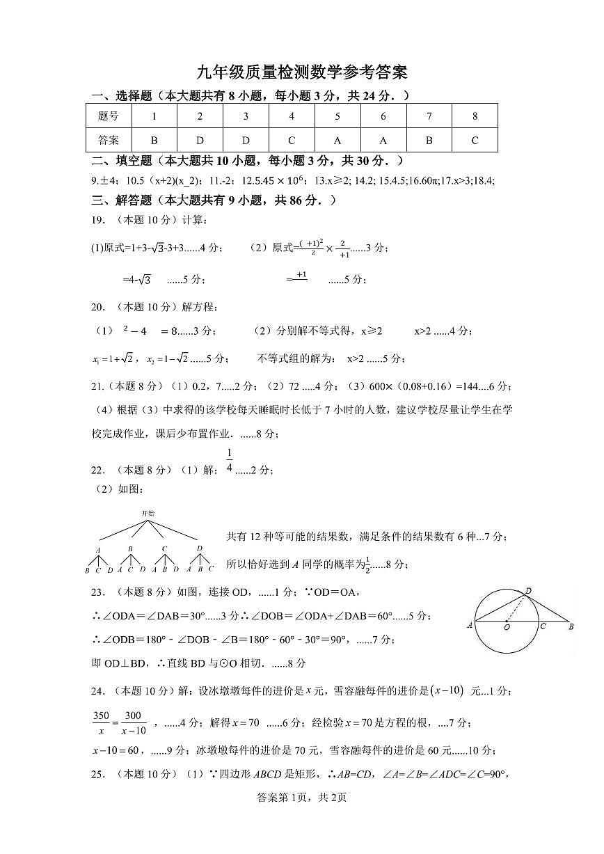 九年級(jí)數(shù)學(xué)參考答案第1頁(yè)