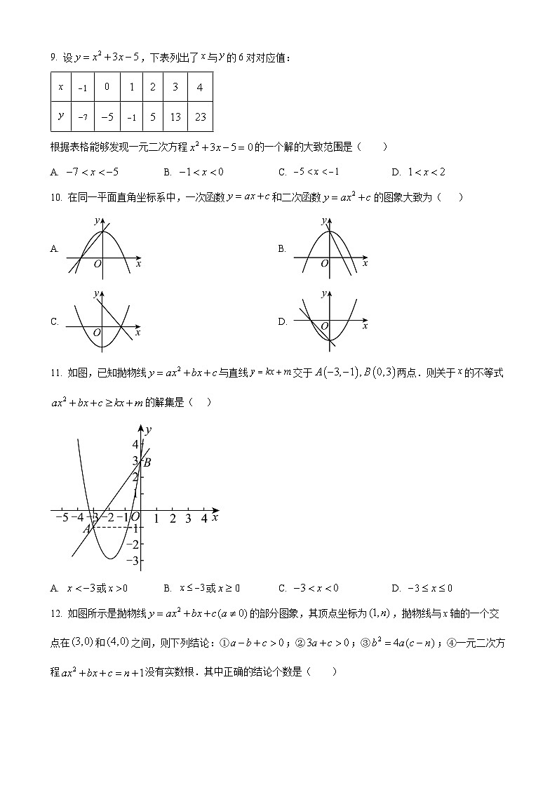 甘肃省武威市凉州区部分校2023-2024学年九年级上学期第一次诊断考试数学模拟试题(原卷版+解析版)02
