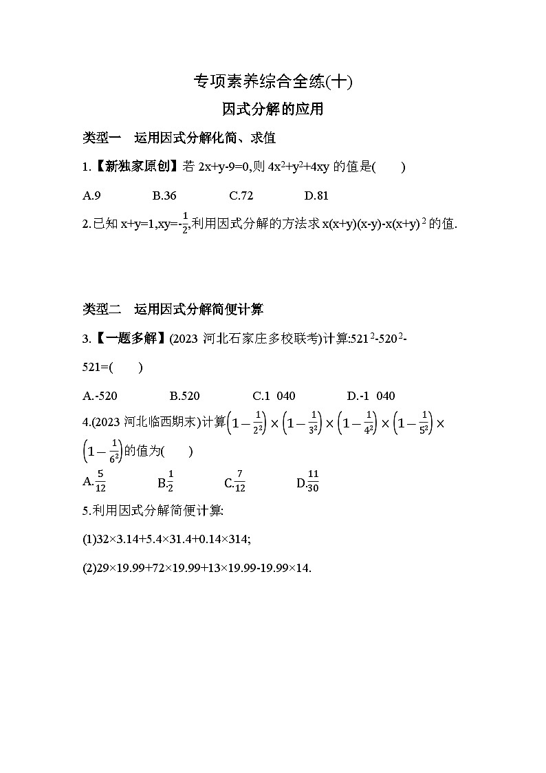10-專項素養(yǎng)綜合全練（十）因式分解的應用--2024年冀教版數學七年級下冊精品同步練習第1頁