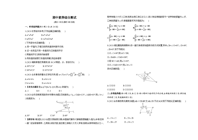 期中素养综合测试--2024年青岛版数学七年级下册精品同步练习第1页