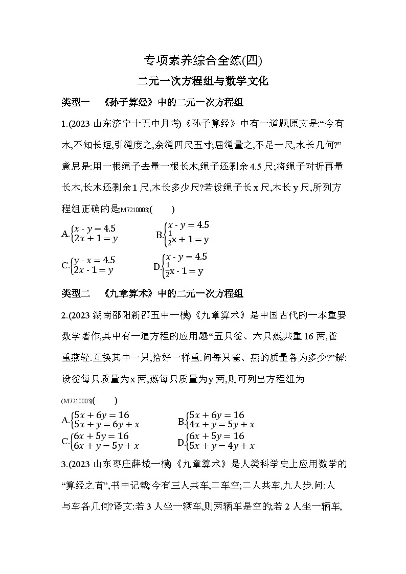 04-专项素养综合全练(四)二元一次方程组与数学文化--2024年青岛版数学七年级下册精品同步练习01