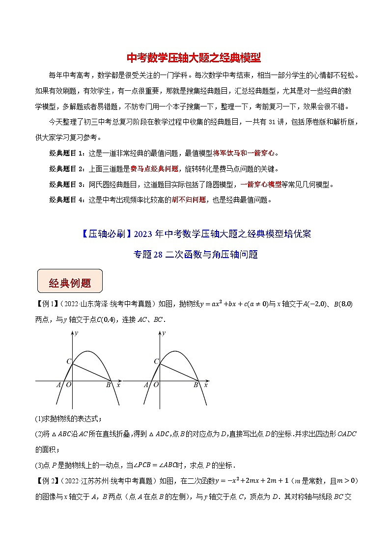 最新中考数学压轴大题之经典模型 专题28 二次函数与角压轴问题-【压轴必刷】01