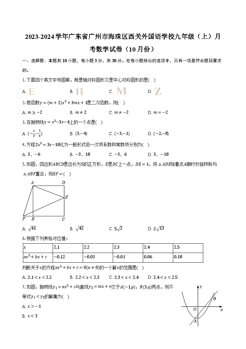 2023-2024學年廣東省廣州市海珠區(qū)西關外國語學校九年級（上）月考數(shù)學試卷（10月份）(含解析）第1頁