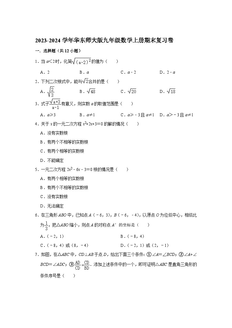 华东师大版2024届九年级上学期期末复习(二)数学试卷(含答案)第1页
