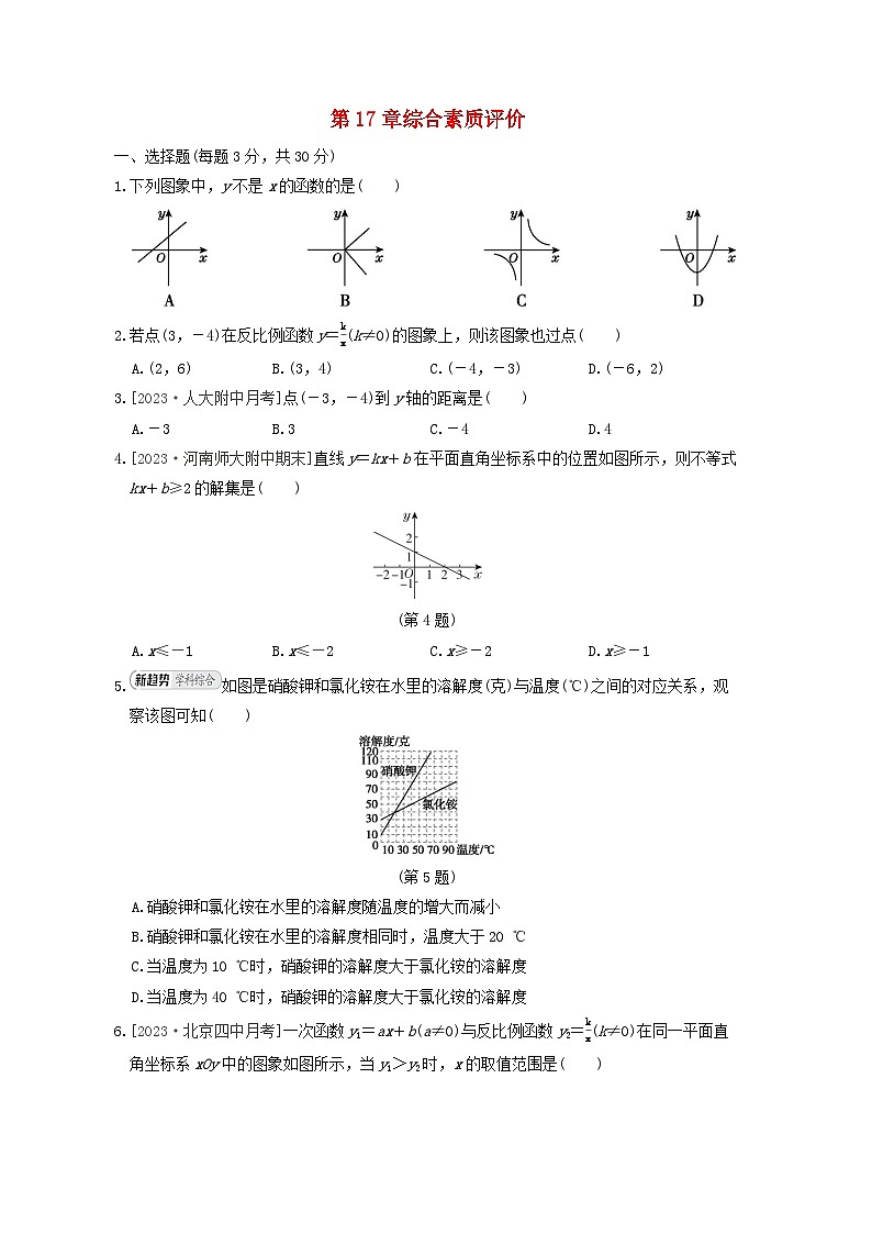2024春八年级数学下册第17章函数及其图像综合素质评价试卷(华东师大版)第1页