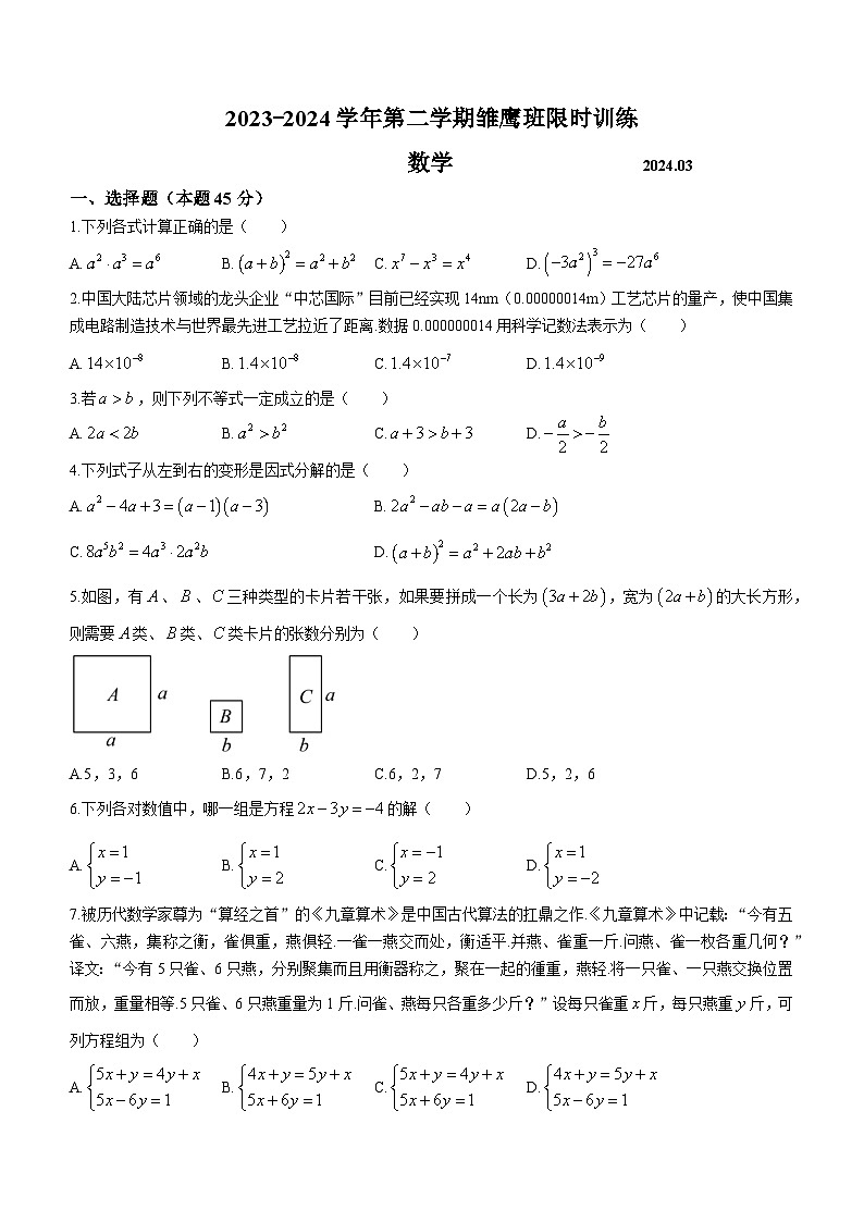 江苏省+苏州市张家港梁丰中学雏鹰班2023-2024学年七年级下学期月考数学试题(无答案)第1页