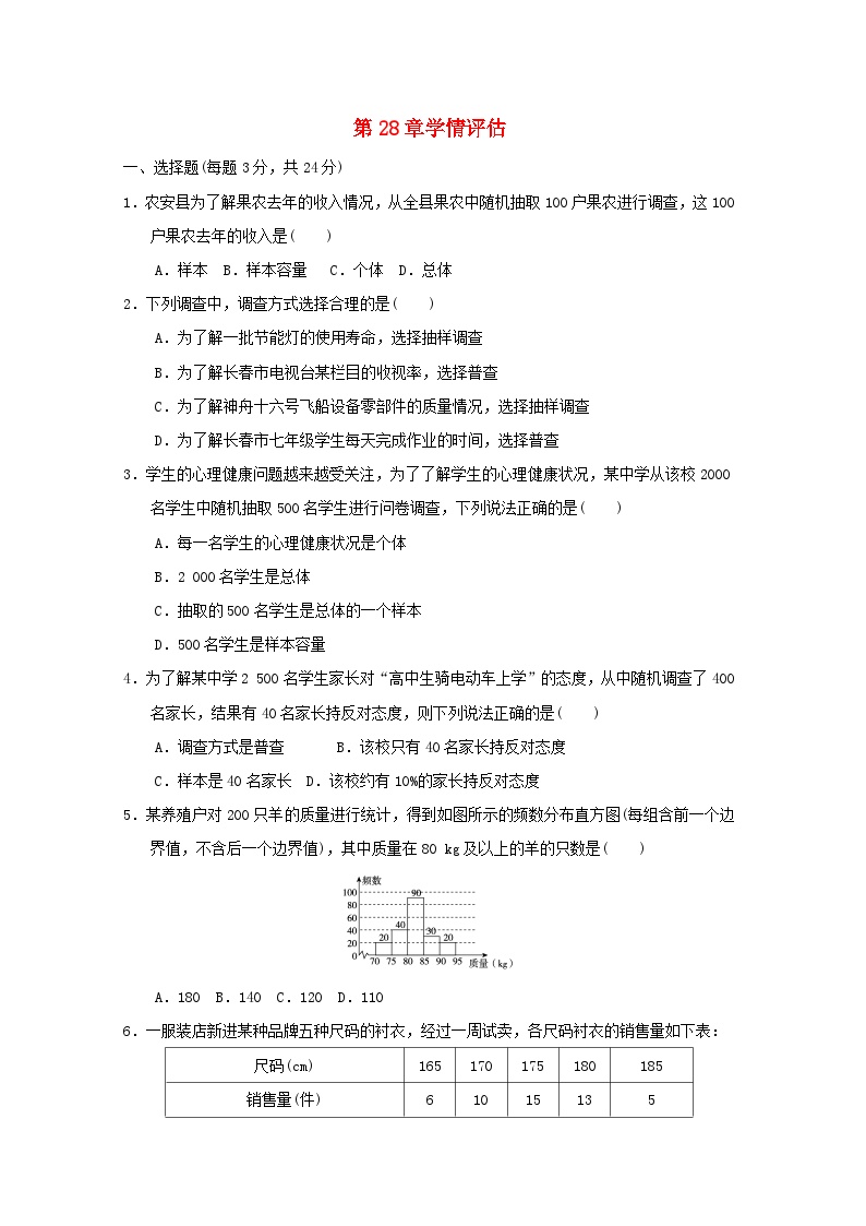 吉林省2024春九年级数学下册第28章样本与总体学情评估试卷（华东师大版）