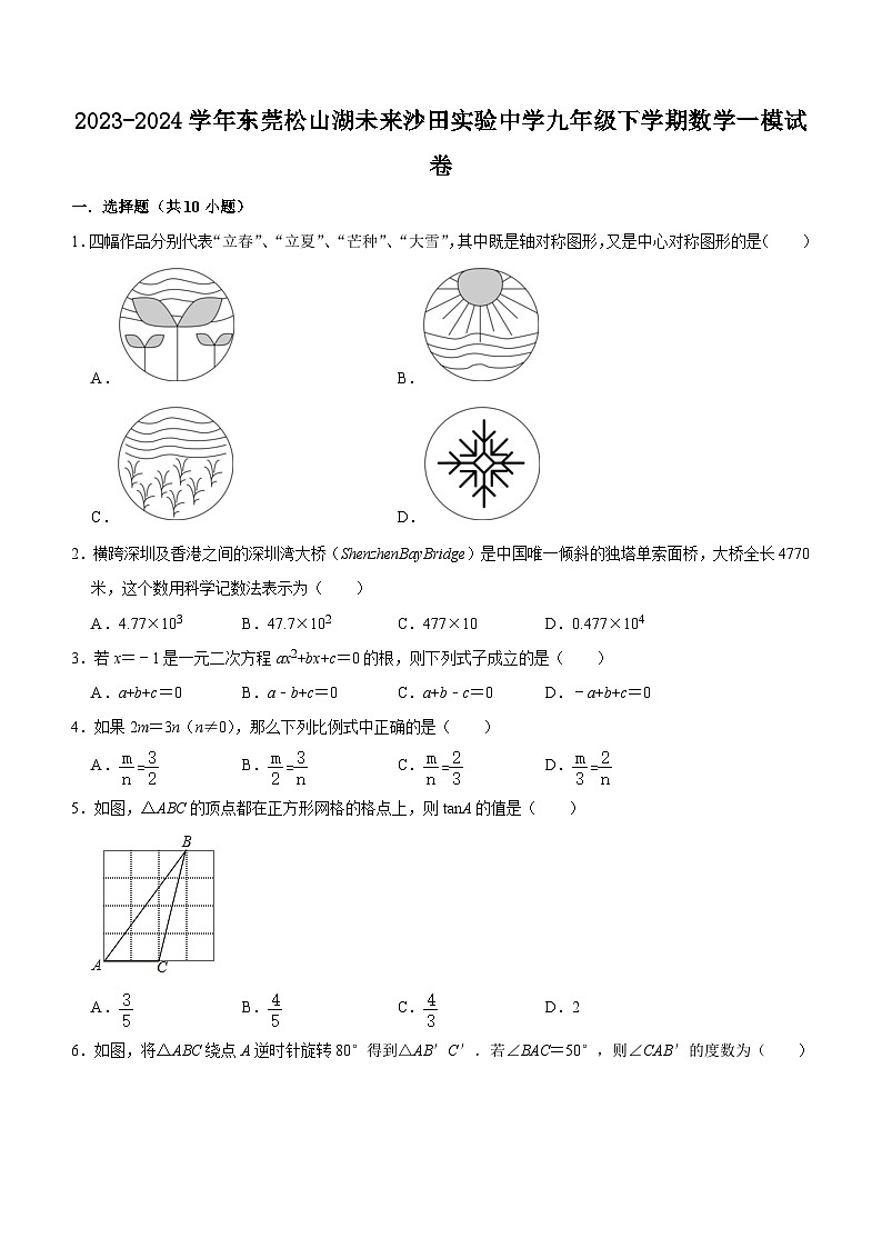 广东省东莞沙田实验中学2023—2024学年下学期九年级中考数学一模试卷(含答案)第1页