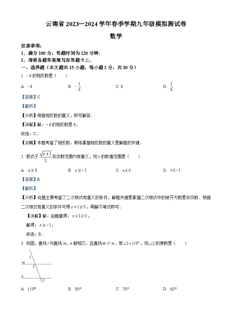 2024年云南省曲靖市会泽县会泽县马路乡中学校中考数学模拟预测试题(原卷版+解析版)01