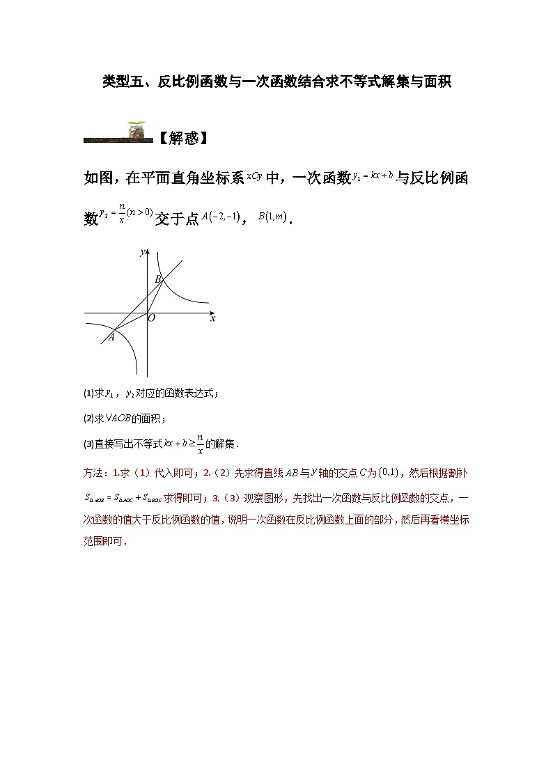 苏科版八年级数学下册题型突破提高类型五、反比例函数与一次函数结合求不等式解集与面积(原卷版+解析)第1页