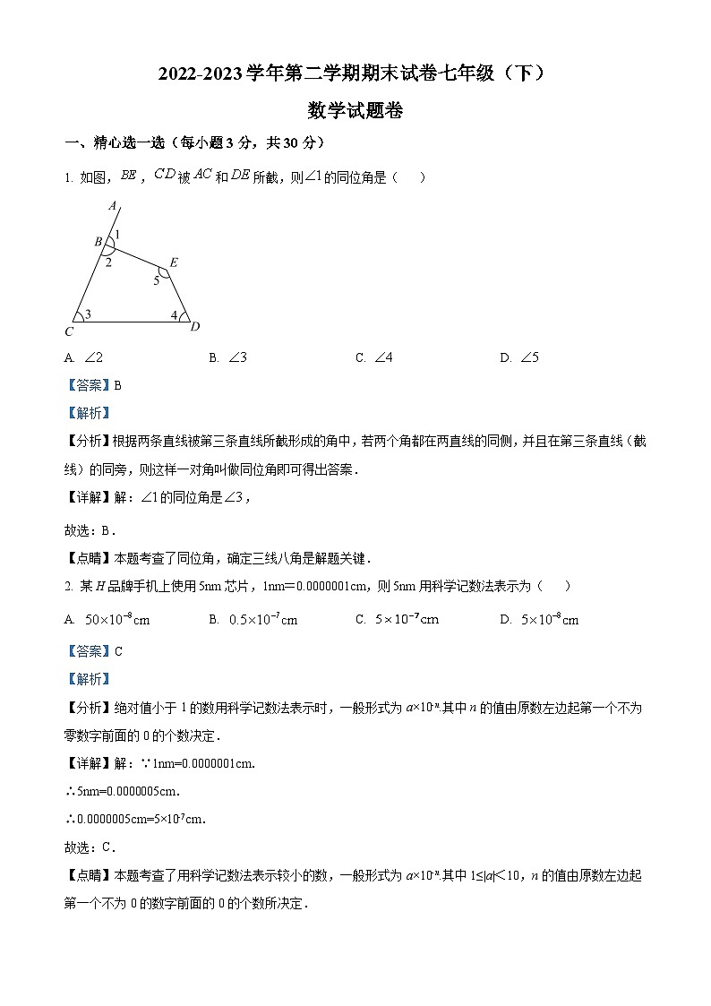 浙江省金華市東陽市七年級下學(xué)期期末數(shù)學(xué)試題（解析版）第1頁