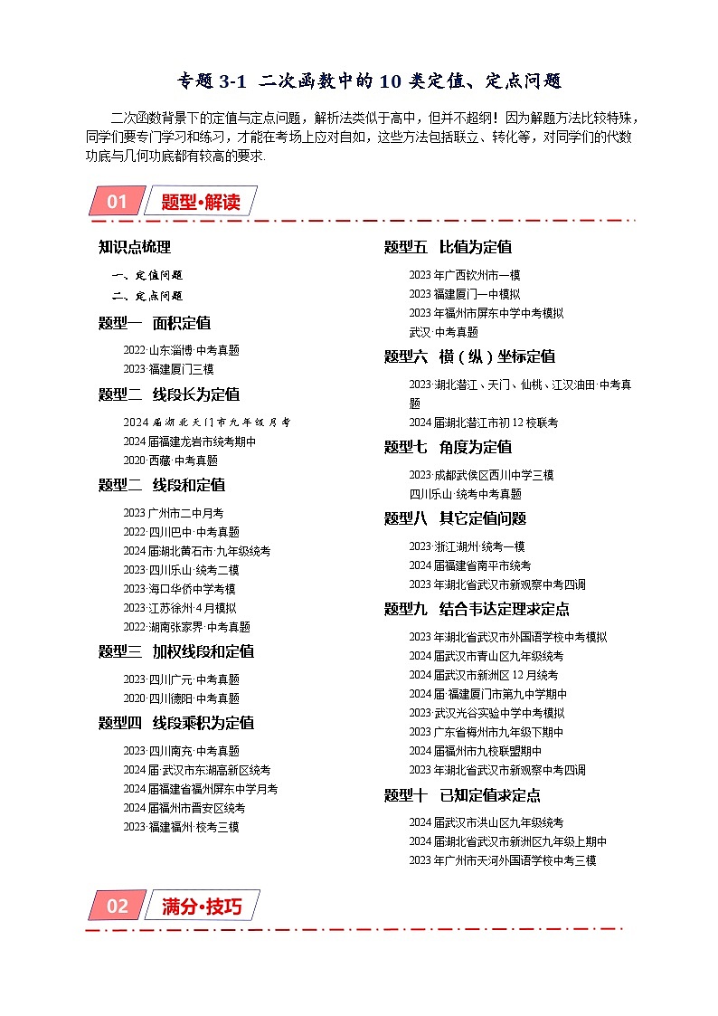 专题3-1 二次函数中的10类定值、定点问题 备考2024年中考数学—模型·方法·技巧专题突破(全国通用)01