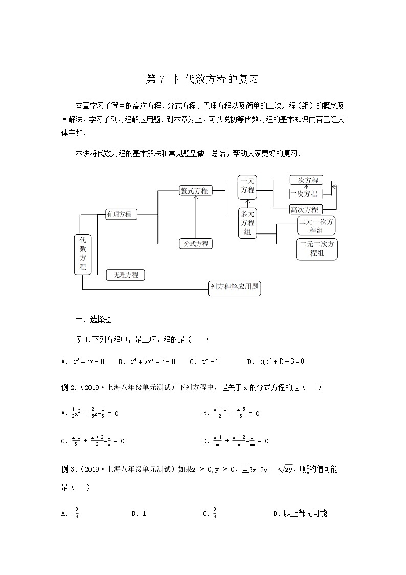 沪教版八年级数学辅导讲义第7讲代数方程的复习(讲义)原卷版+解析01