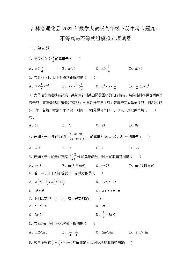 吉林省通化县2022年数学人教版九年级下册单元综合中考专题九:不等式与不等式组模拟专项试卷01