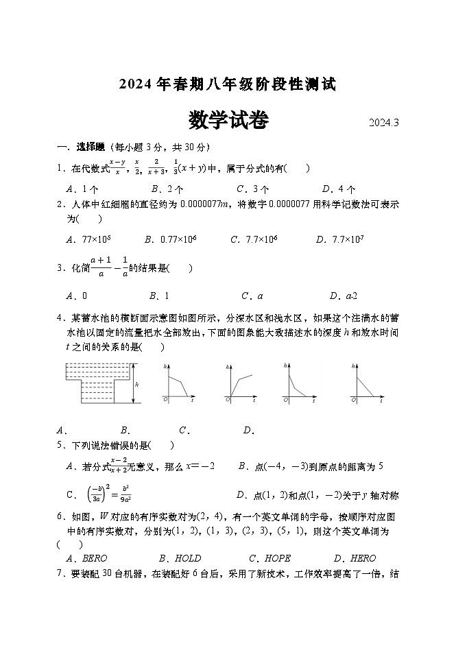 河南省南阳市镇平县2023-2024学年八年级下学期3月阶段性测试数学试卷第1页