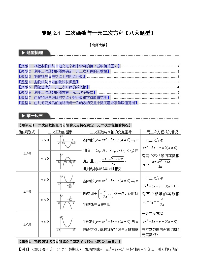 中考数学一轮复习专题2.4 二次函数与一元二次方程【八大题型】（举一反三）（北师大版）（原卷版）01