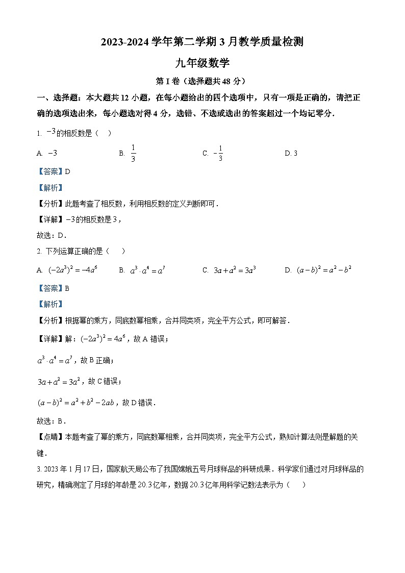 精品解析:山东省德州市宁津县大曹镇大赵中学2023-2024学年九年级下学期3月份月考检测数学试题(解析版)第1页