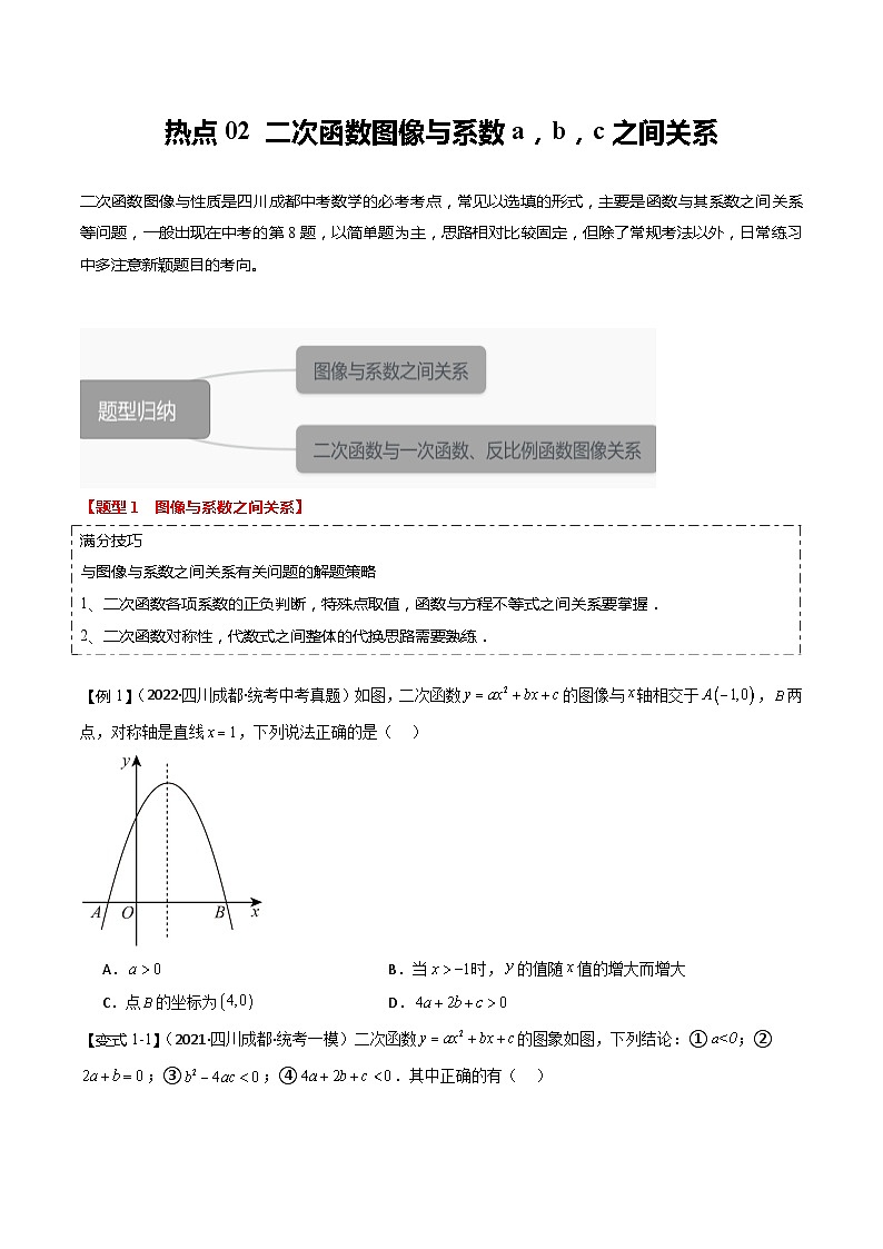 【中考二轮】2024年中考数学(四川成都专用)热点02 二次函数图像与系数a,b,c之间关系(命题趋势+2类热考题型+限时检测)-专题训练.zip01