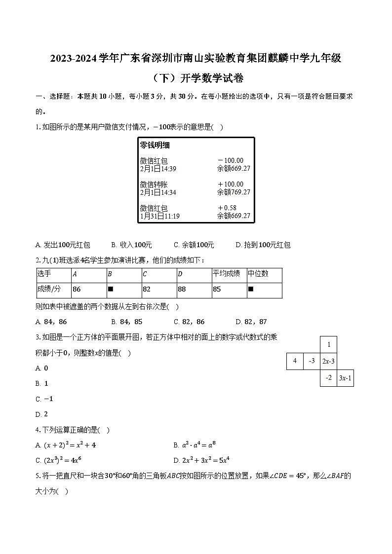 2023-2024學(xué)年廣東省深圳市南山實(shí)驗(yàn)教育集團(tuán)麒麟中學(xué)九年級(jí)(下)開學(xué)數(shù)學(xué)試卷(含解析)第1頁
