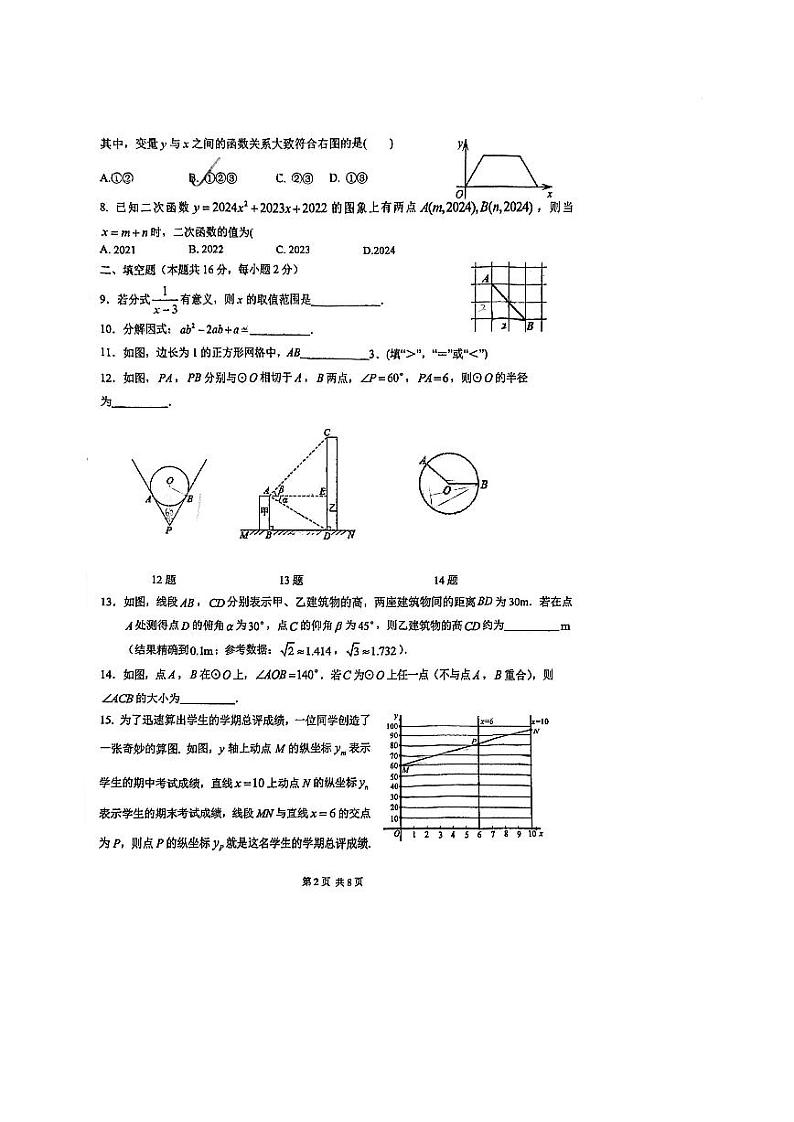 2024北京一零一中初三3月月考数学试卷和答案第2页