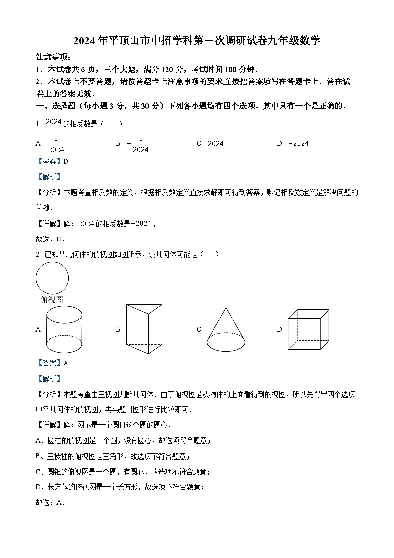 2024年河南省平顶山中考数学一模模拟试题(原卷版+解析版)01