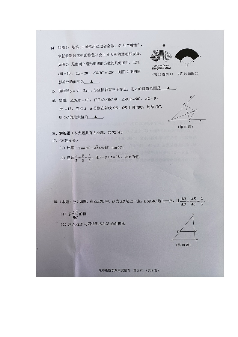 浙江省金华市金东区2023-2024学年九年级上学期期末检测数学试题03