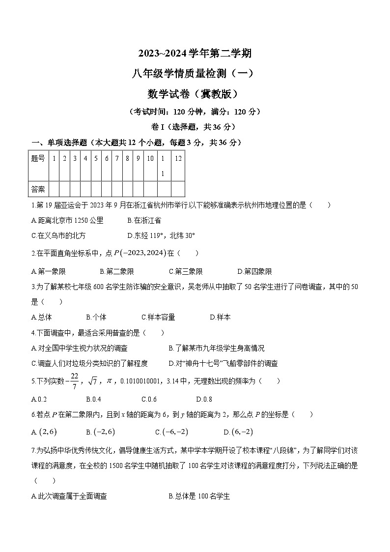 河北省衡水市枣强县第二中学2023-2024学年八年级下学期月考数学试题(含答案)第1页