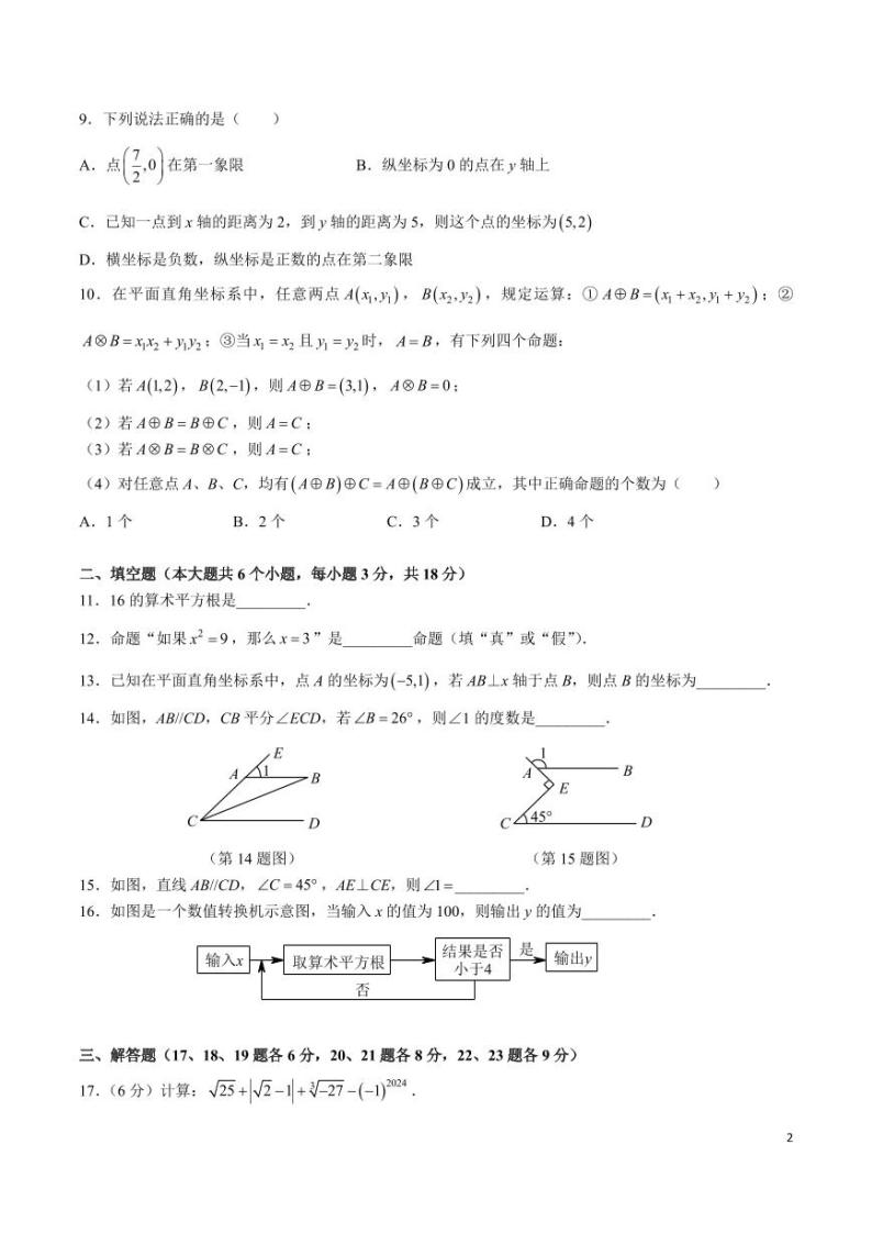+湖南省长沙市中雅培粹2023-2024学年七年级下学期数学第一次月考试卷02