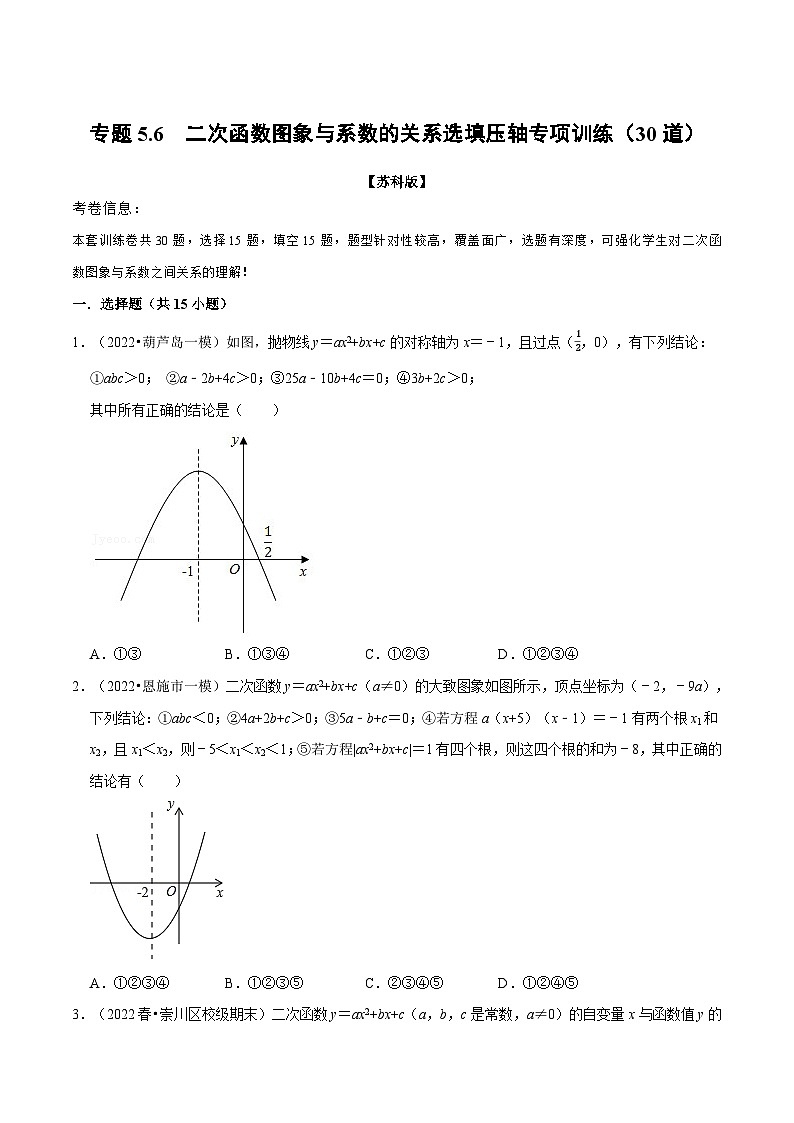 苏科版九年级数学下册举一反三专题5.6二次函数图象与系数的关系选填压轴专项训练(30道)(原卷版+解析)01
