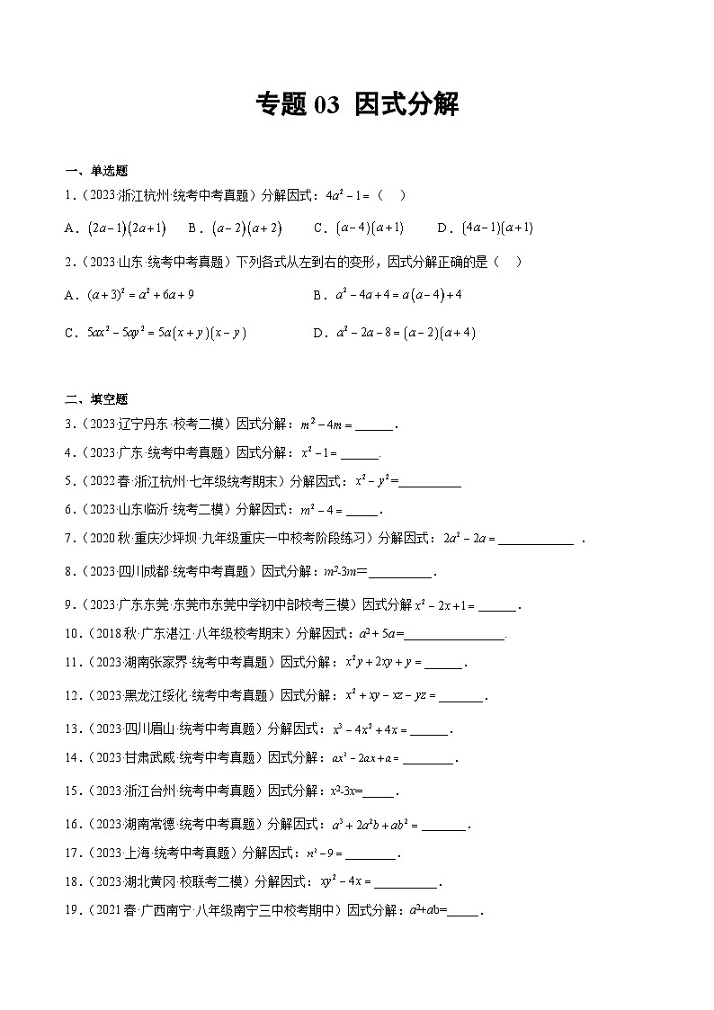 专题03 因式分解(31题)-中考数学真题分项汇编(全国通用)01