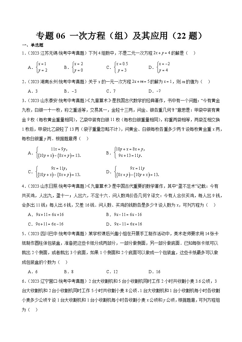 专题06 一次方程(组)及其应用(共22题)-中考数学真题分项汇编(全国通用)01