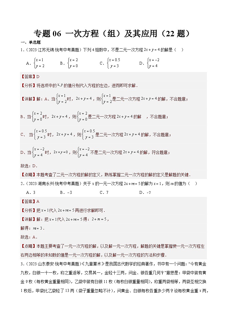 专题06 一次方程(组)及其应用(共22题)-中考数学真题分项汇编(全国通用)01
